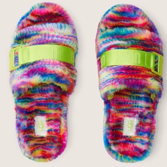 UGG Slippers NEW Fluffita Fur Platform Rainbow Pixelate Flatform Multicolor 6 - Picture 6 of 8